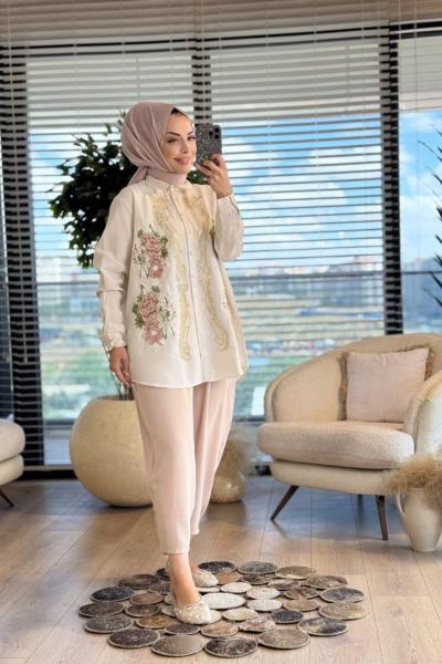 33084 Renkli Çiçekli Gömlek Bej
