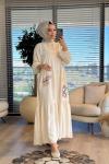 33123 Etnik Sim Nakışlı Elbise Bej