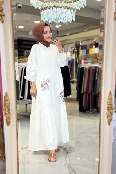 33123 Etnik Sim Nakışlı Elbise Ekru