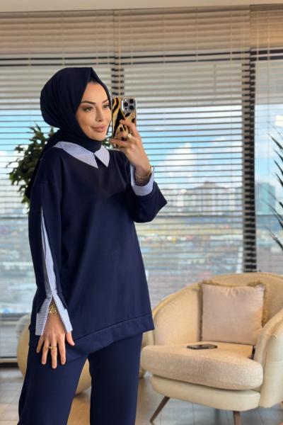 3314 Gömlek Yaka Garnili Takım Lacivert