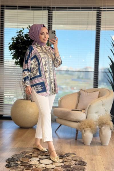 33148 Eşarp Desenli Gömlek Lacivert