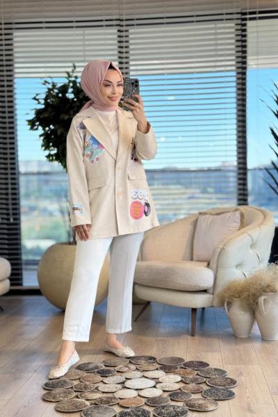 33162 Taş Ve Baskı Detaylı Ceket Bej