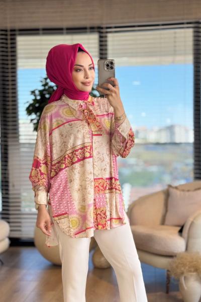 33190 Etnik Desen Baskılı Gömlek Pembe