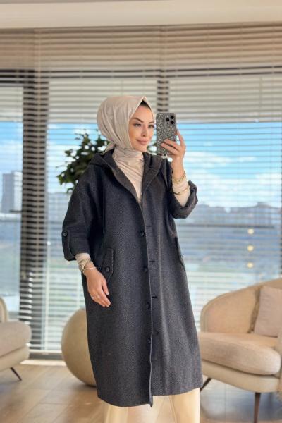 33424 Balıksırtı Cepli Kapşonlu Kaban Siyah