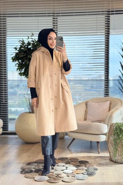 33424 Balıksırtı Cepli Kapşonlu Kaban Camel