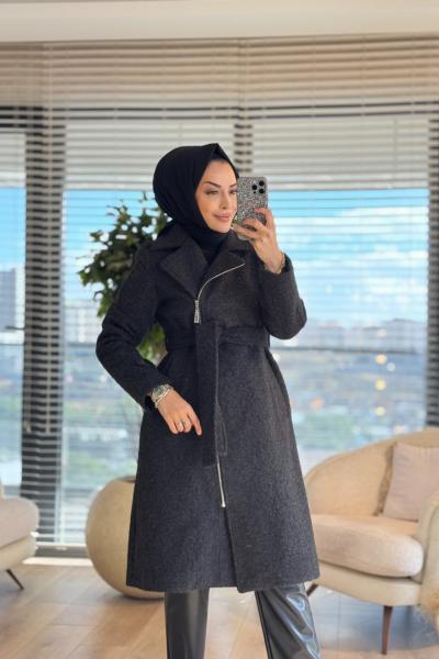 33752 Fermuarlı Melanjlı Kaşe Kaban Siyah