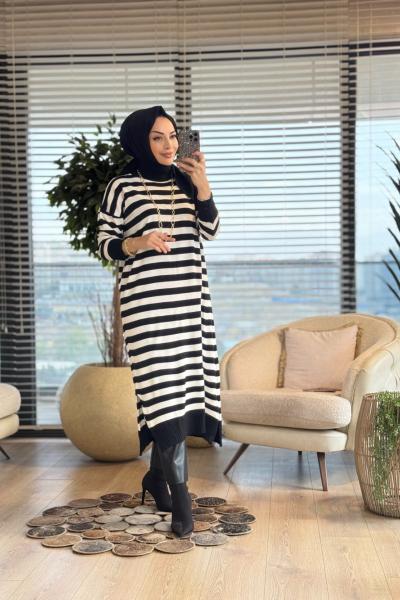 3389 Enine Kalın Çizgili Uzun Triko Tunik Siyah Ekru