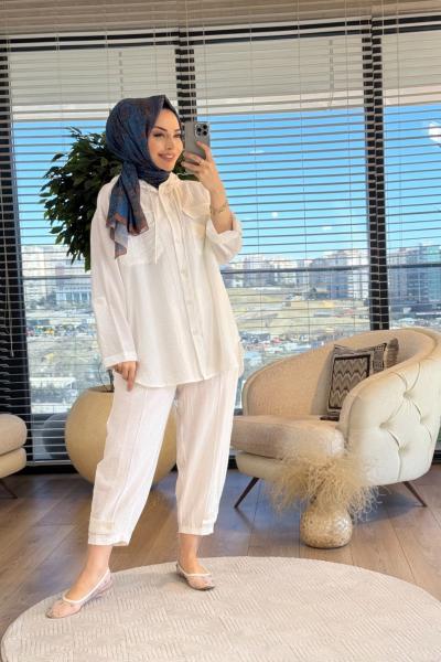 34040 Gofre Paça Manşet Apolet Detaylı Takım Ekru