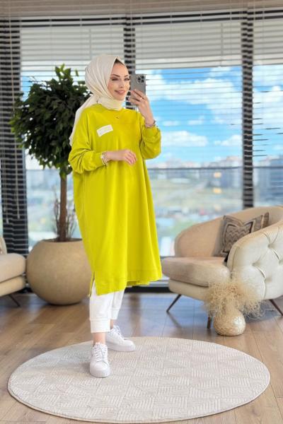 34124 Etiket Ve Kesik Detaylı Uzun Tunik Yağ Yeşili