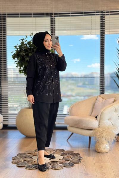 34314 Ön Pul Kordon Nakışlı Gömlek Siyah