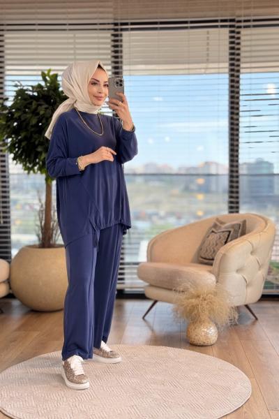 34319 Kesik Ve Büzgü Detaylı Takım Lacivert