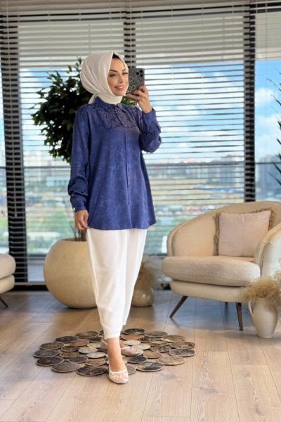 34424 Kendinden Desenli Gömlek İndigo