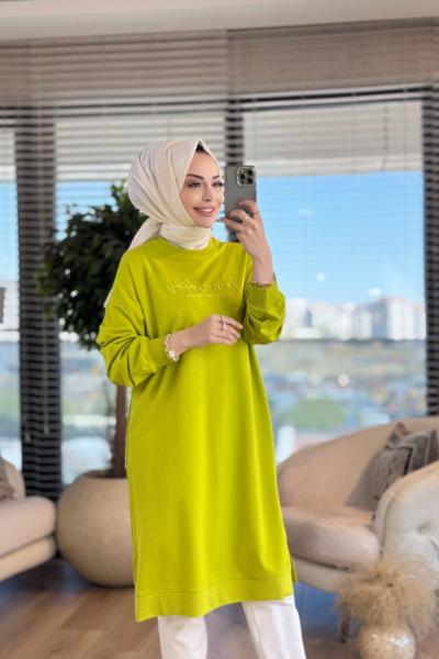 34436 Tonaton Nakışlı Uzun Tunik Yağ Yeşili