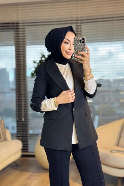 34720 Taşlı Kol Detaylı Ceket Siyah