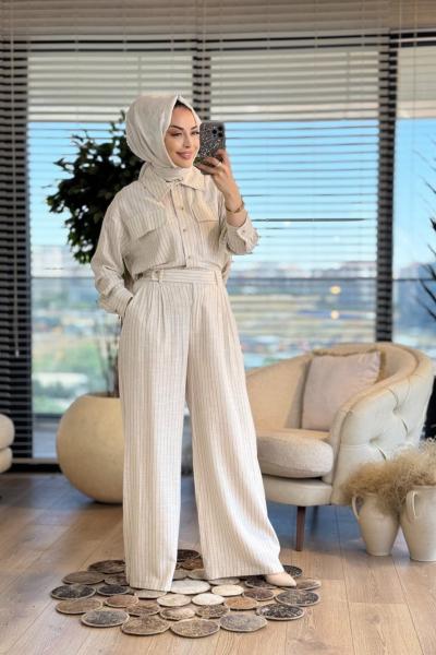 34814 Keten Boyuna Çizgili Takım Bej