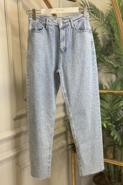 34863 Üst Serpme Taş Baskılı Kot Pantolon Mavi