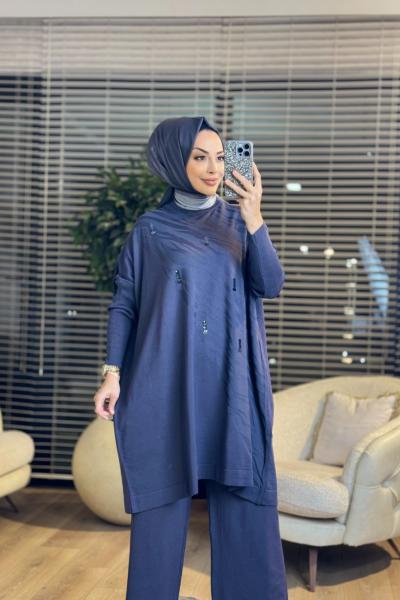 3508 Üst Pul Nakışlı Kendinden Desenli Triko Tunik Antrasit