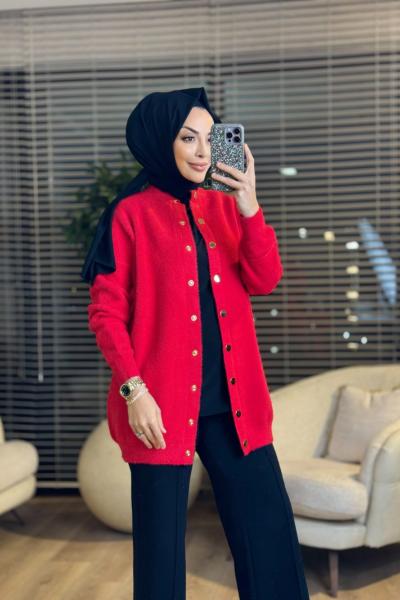 3539 Sakal Sıfır Yaka Çıtçıtlı Hırka Kırmızı