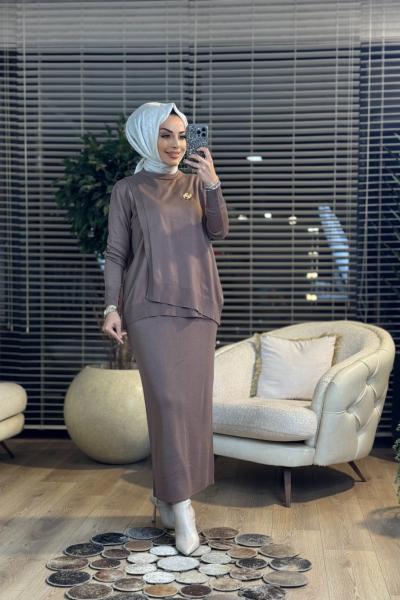 3561 Ön Parçalı Broşlu Triko Etekli Takım Vizon