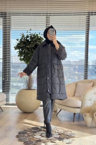 35691 Kadife Garnili Şişme Kaban Siyah
