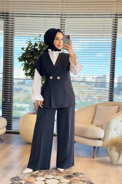 35717 Kruvaze Yelekli Pantolonlu Takım Siyah
