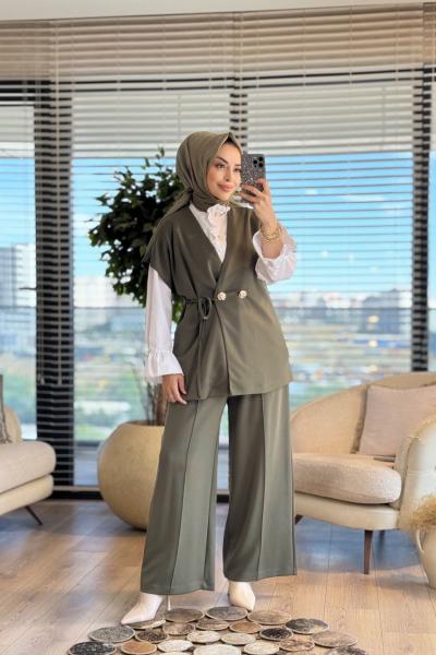 35717 Kruvaze Yelekli Pantolonlu Takım Haki