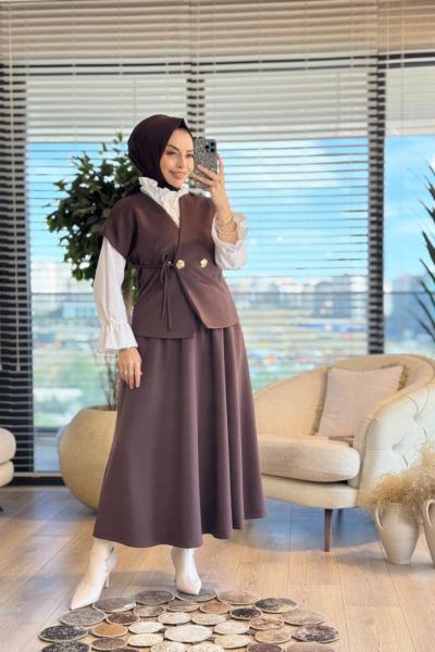 35718 Kruvaze Yelekli Etekli Takım Kahve