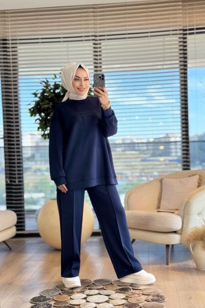 35798 Tonaton Baskı Geniş Paçalı Pantolonlu Takım Lacivert