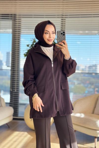 35901 Kesik Ve Cep Detaylı Bomber Ceket Kahve