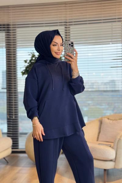 36056 Kesik Detaylı Kanguru Cepli Takım Lacivert
