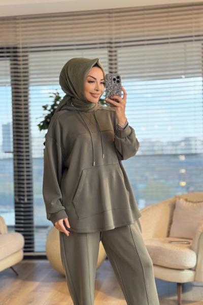 36056 Kesik Detaylı Kanguru Cepli Takım Haki