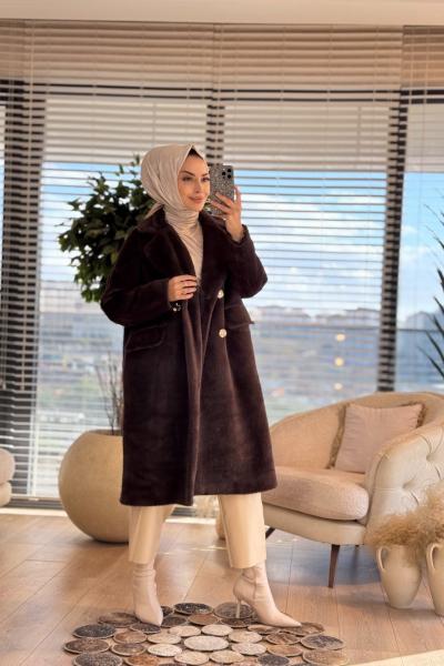 36089 Gold Düğmeli Peluş Kaban Kahve