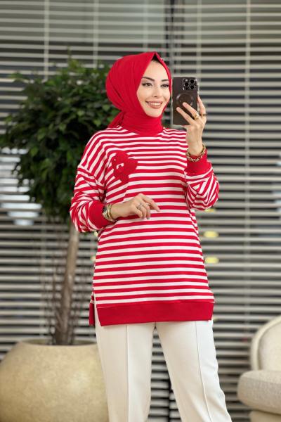 4102 Çizgili Papatya Nakışlı Sweat Kırmızı