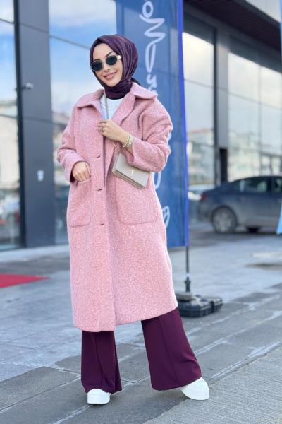 36638 Melanjlı Kaşe Bukle Kaban Pembe