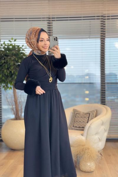 3922 Kolları Kürklü Bluz Siyah