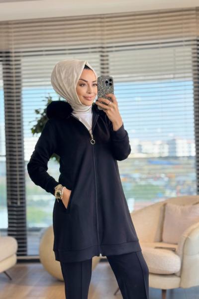 3950 Yaka Kürklü Fermuarlı Takım Siyah