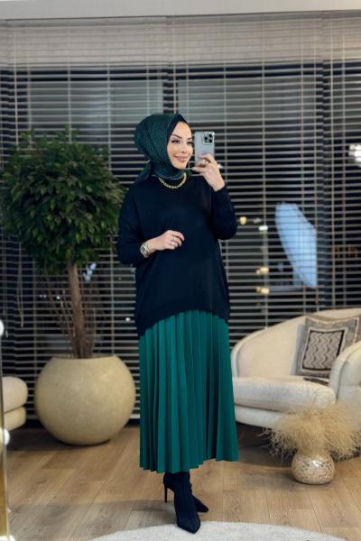 40408 Kolu Katlamalı Sıfır Yaka Tunik Siyah