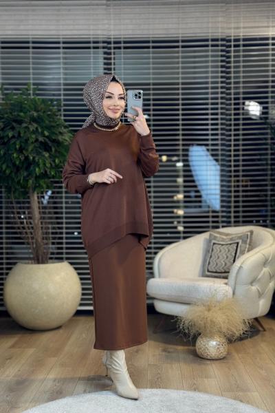 40408 Kolu Katlamalı Sıfır Yaka Tunik Kahve