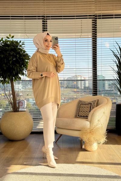 40408 Kolu Katlamalı Sıfır Yaka Tunik Bej