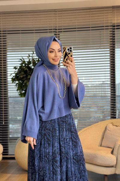 4073 Eteği Şifon Desenli Takım İndigo