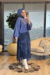 4073 Eteği Şifon Desenli Takım İndigo