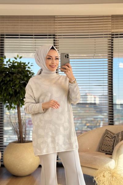 40738 Kendinden Sim Desen Triko Tunik Ekru