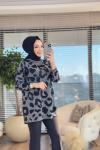 40738 Kendinden Sim Desen Triko Tunik Siyah