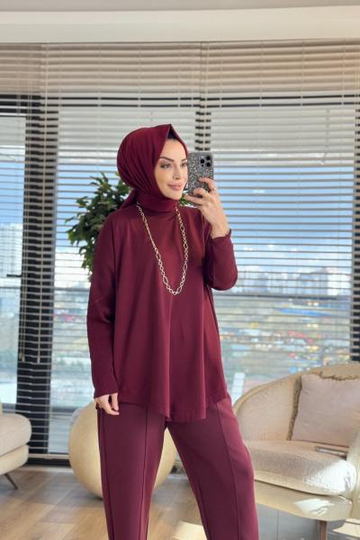 40972 Kolları Lastik Örgü Triko Tunik Bordo