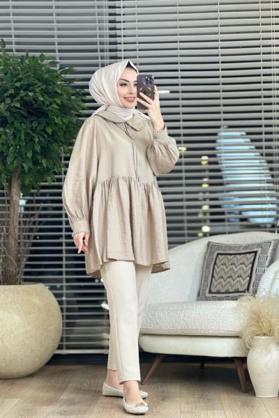 4209 Yaka Kenarı Fisto Tunik Vizon