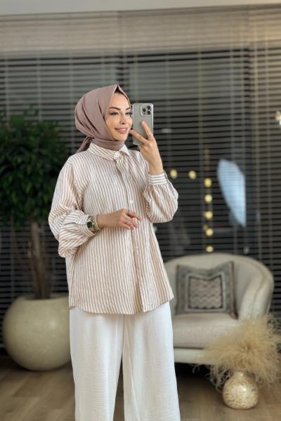 4256 Çizgili Gömlek Vizon