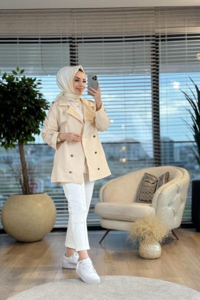 4305 Altı Metal Düğmeli Kısa Trenç Ekru