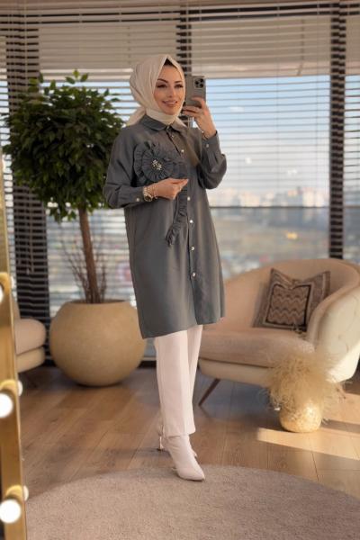 4344 Ön Büyük Çiçek Detaylı Uzun Tunik Petrol