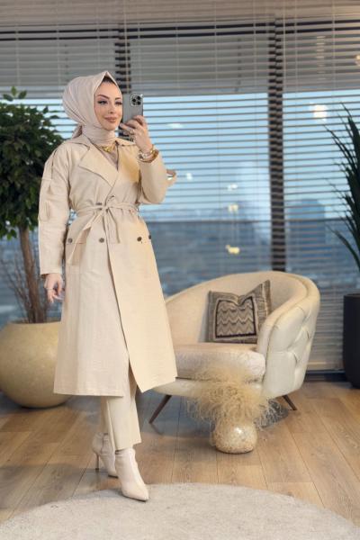 4346 Omuz Ve Kol Apoletli Trenç Bej