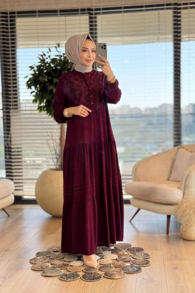 438 Fistolu Püskül Nervürlü Pat Düğmeli Elbise Bordo